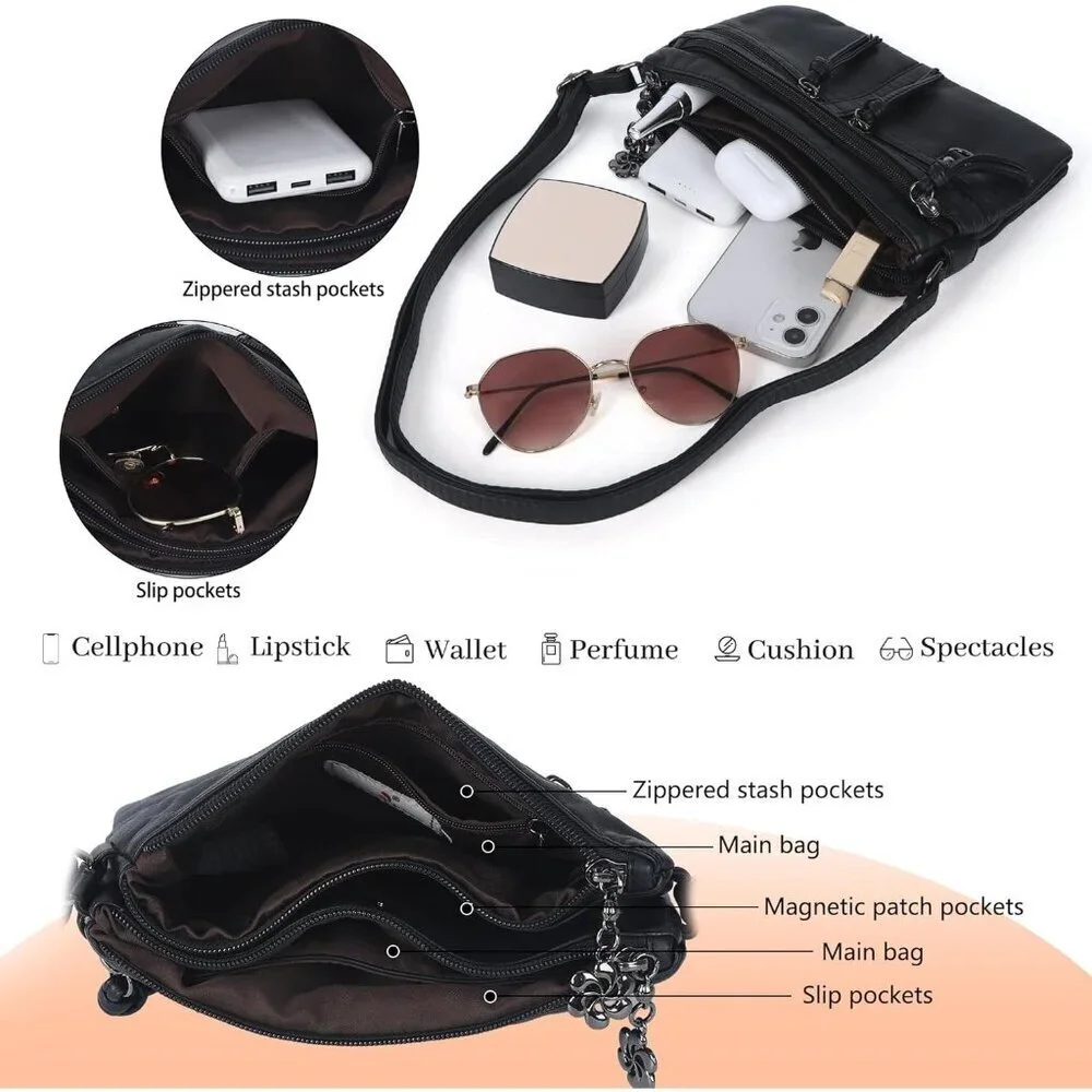 Leather Crossbody Bag Women Small Multi-Pocket Zipper Shoulder Purse